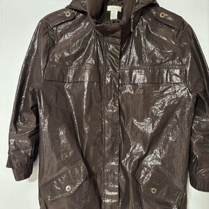 Chico's Large (Size 2) Shiny Brown Rain Retro Bomber Jacket with Shiny Finish